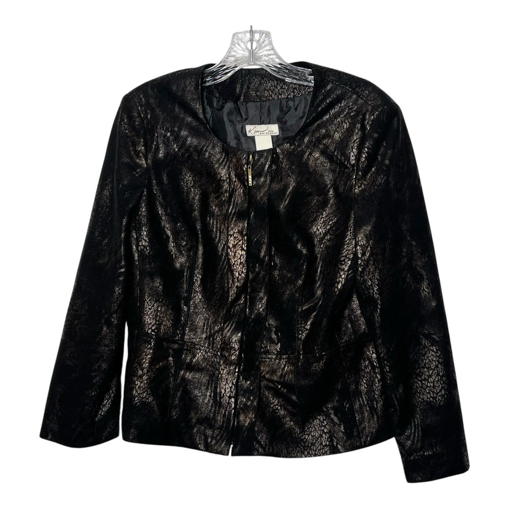 Kim Rogers Petite Womens Black Metallic Textured Zipper Front Jacket Size‎ 8P
